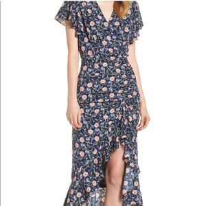 Chelsea28 Navy Floral Faux Wrap High-Low Ruffle Midi Dress Flutter Sleeve‎ S